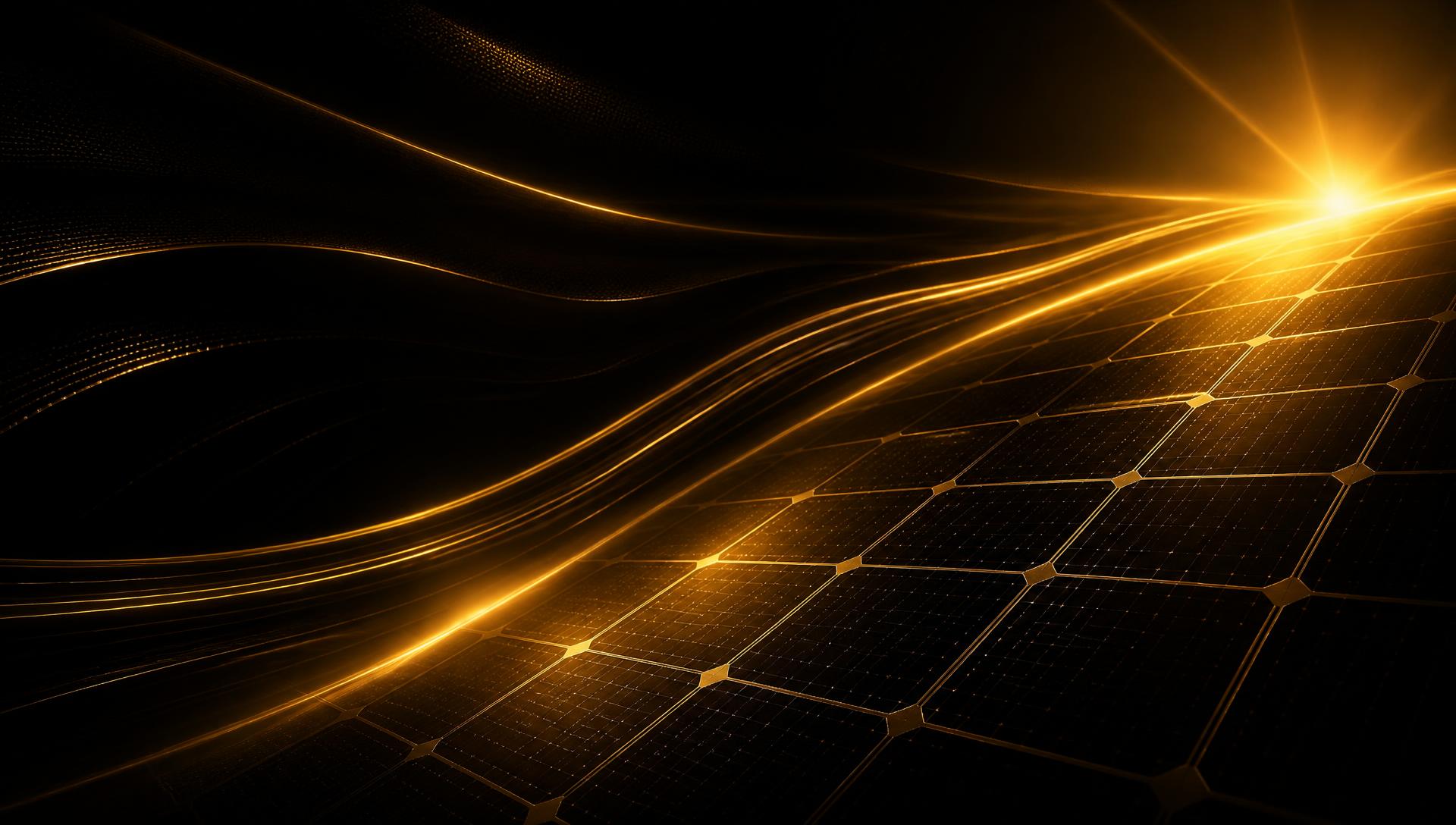 Fundo abstrato com raios de luz solar sobre células fotovoltaicas